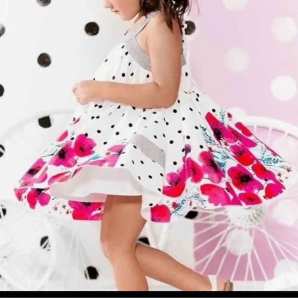 Deux Par Deux Girls Twirl Dress Floral Polka Dot Size 2T
